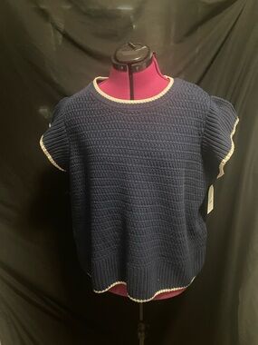 NWT Time and Tru navy blue cream Flutter short Sleeve Sweater Lightweight XXL 20